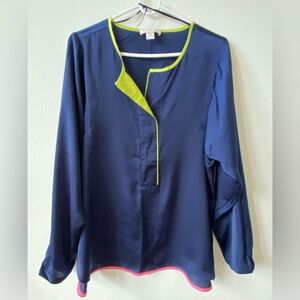 NWOT Kenar navy blue and lime green contrast silk blouse M